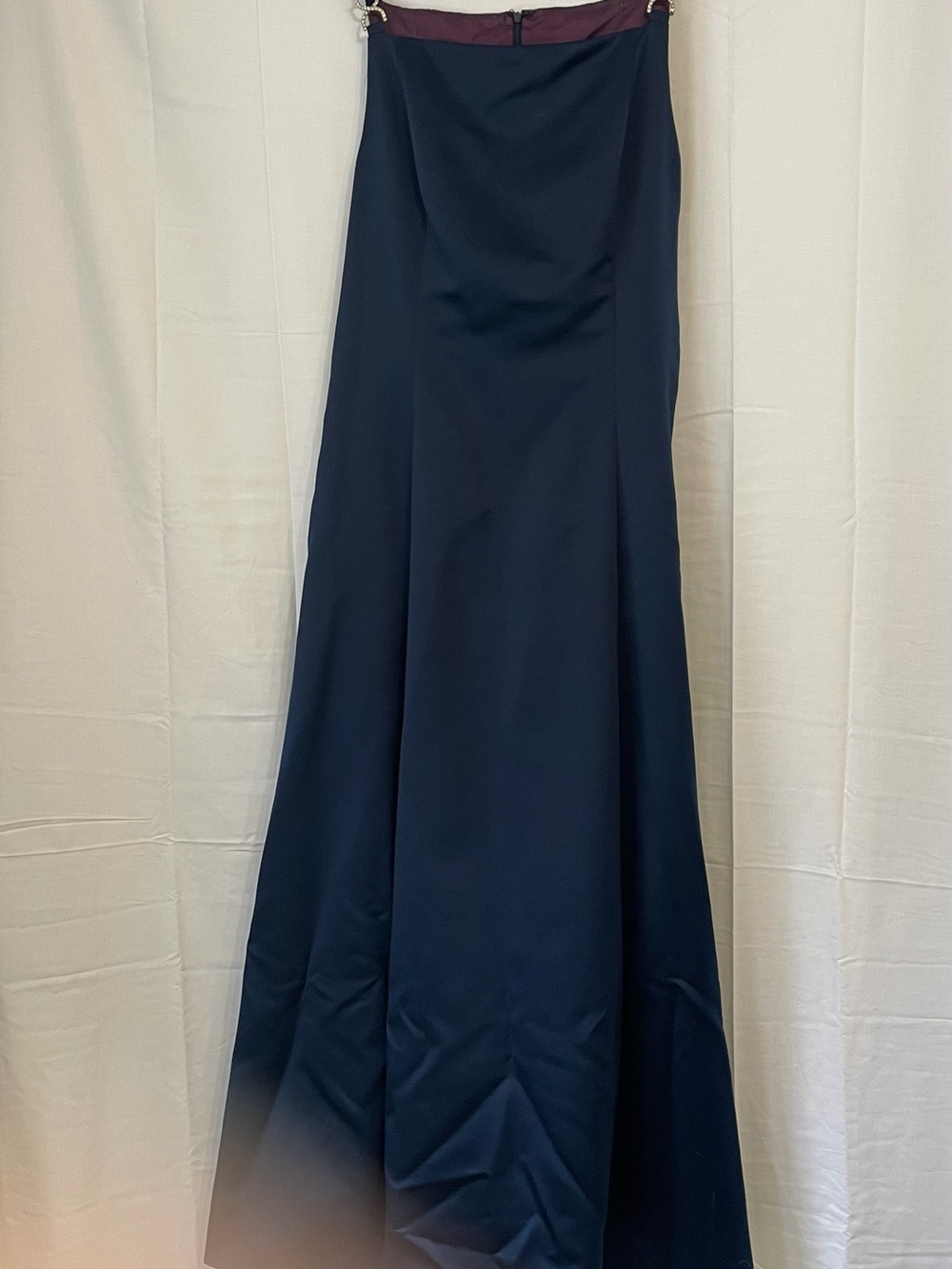 Betsy & Adam Navy Prom Gown with Burgundy Waistband